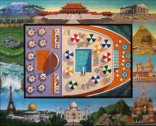 Retirement Plan 1. 54"x68", Alkyd on canvas and hardboard panels.